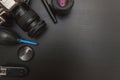 Top view of work space photographer on black table background Royalty Free Stock Photo