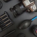 Top view of work space photographer on black table background Royalty Free Stock Photo