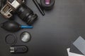 Top view of work space photographer on black table background Royalty Free Stock Photo