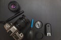 Top view of work space photographer on black table background Royalty Free Stock Photo