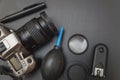 Top view of work space photographer on black table background Royalty Free Stock Photo