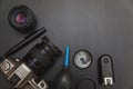 Top view of work space photographer on black table background Royalty Free Stock Photo