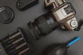 Top view of work space photographer on black table background Royalty Free Stock Photo