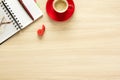 Top view on work table. Coffee cup glasses, notes and p Royalty Free Stock Photo