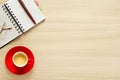 Top view on work table. Coffee cup, tablet, glasses, notes and p Royalty Free Stock Photo