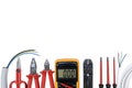 Top view of work tools for residential electrical installation on white background. Royalty Free Stock Photo