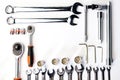 Top view of Working construction and mechanic tools,wrench,socket, safty helmet,safety glasses