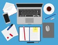 Top view of working place elements on table. Set three of Flat vector design illustration of modern business office and workspace Royalty Free Stock Photo