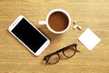 Top view of working table with cup of coffee ,medicine and laptop computer. Royalty Free Stock Photo