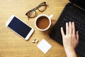 Top view of working table with cup of coffee ,medicine and laptop computer. Royalty Free Stock Photo