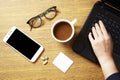 Top view of working table with cup of coffee ,medicine and laptop computer. Royalty Free Stock Photo