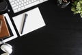 Top view workspace with book and coffee cup, computer keyboard w Royalty Free Stock Photo