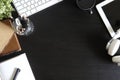 Top view workspace with book and coffee cup, computer keyboard w Royalty Free Stock Photo