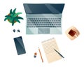 Top view of workspace with notebook coffee cup and plant. Vector cartoon flat lay of workplace mobile phone, note book