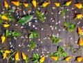 Top view of wreath spice from dry and yellow hot chili peppers, Royalty Free Stock Photo