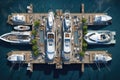 Top view of yachts in the marina. 3d rendering, Aerial view of the old town, Vacation and adventure, Town and sea, AI Generated