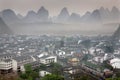 Top view Yangshuo, China, town of karst hills, morning, spring.
