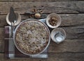 Top view. Yeast homemade fruit cake. Pie on a wooden table.