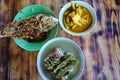 Top view, yellow curry, chili curry, fresh fish, fresh vegetables, bamboo shoots, fried fish, boiled pork knuckle, southern food i Royalty Free Stock Photo