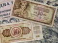 Top view of yellow old damaged weathered Yugoslavian 10 dinars banknotes Royalty Free Stock Photo