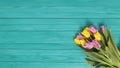 top view yellow pink tulip flowers green wooden desk Royalty Free Stock Photo