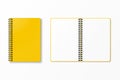 Top view of yellow spiral notebook with space for your image or text isolated on white background for mockup. Design concept. Royalty Free Stock Photo