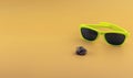 Top view of yellow sunglasses and a shell on a yellow background concept of the approaching summer Royalty Free Stock Photo