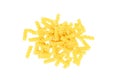 Top view of yellow uncooked fusilli pasta heap isolated on white background. Royalty Free Stock Photo