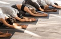 Top View Of Yoga Group Members Meditating Together In Child`s Pose Royalty Free Stock Photo