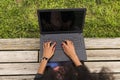 Top view of a young afro American woman using laptop. Green back