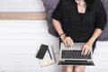 Top view of a young asian woman using laptop computer sitting on wooden floor at home , work from home concept Royalty Free Stock Photo