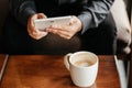 Top view. business man holding tablet for checking stock graph. Royalty Free Stock Photo