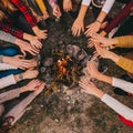 Top view of young campers sitting around and warming their hands on a campfire in the fall.