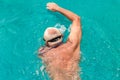 Top view of young Caucasian man swimming front crawl in a swimming pool Royalty Free Stock Photo