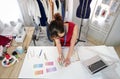 top view young female designer sketching clothing design on table,a professional dressmaker working in her modern fashion studio Royalty Free Stock Photo