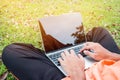 Top view of young man sitting in park on green grass with laptop Royalty Free Stock Photo