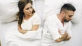 Top view of young upset couple lying in bed have problems after quarrel and angry each other at home Royalty Free Stock Photo