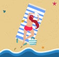 Top View of Young Woman in Red Bikini on Beach