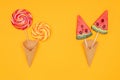 top view of yummy lollipops in waffle cones Royalty Free Stock Photo