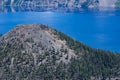 Top view zoomed in of the volanic cone on Wizard Island in Crater Lake National Park USA Royalty Free Stock Photo