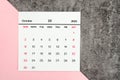 Top views Calendar desk October is the month for organizers to plan and remind on the table background Royalty Free Stock Photo