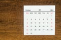 Top views Calendar desk October is the month for organizers to plan and remind on the wooden table background Royalty Free Stock Photo