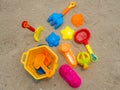 Top viwe kids toys on tropical sand beach Royalty Free Stock Photo