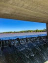 Top of waterfall by Ohio dam under bridge Royalty Free Stock Photo