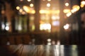 Top of wood table with blur bar or pub light city party dark night background