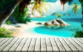Top of wood table with blurred sea and coconut tree background Royalty Free Stock Photo