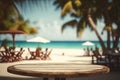 Top of wood table with blurred seascape and palm tree. AI Generated Royalty Free Stock Photo