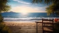 Top of wood table with sea and coconut tree background Concept of summer AI generated Royalty Free Stock Photo