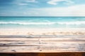 Top of wood table with seascape, blur calm sea and sky at tropical beach background. Empty table ready for your product Royalty Free Stock Photo