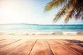 Top of wood table with seascape, blur calm sea and sky at tropical beach background. Empty table ready for your product Royalty Free Stock Photo